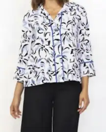 Habitat 3/4 Sleeve Blue & White Button Collared Abstract Blouse Large Lagenlook