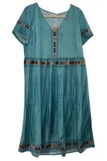 Teal With Floral Design Short Sleeve Flowing Midi Dress Size XL