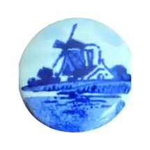Vintage Dutch Blue White Ceramic Windmill Pin Button Brooch Round .75" across