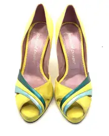JEAN-MICHEL CAZABAT PARIS YELLOW SUEDE AND TEAL LEATHER ACCENT HEELS (37)