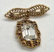 Vtg Exquisite Gold Tone Victorian Art Deco Square Clear Rhinestone Brooch Pin