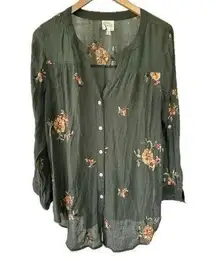 Fig & Flower Floral Sheer Embroidered Mandarin Collar Button Down Shirt 1X