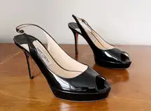 Jimmy Choo • Nova 100 slingback peep toe heels nude patent leather stiletto