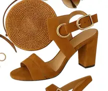 Jones New York Jasmine Suede Block Heel Sandals Tan Beige 3.5in Size 8.5 in EUC