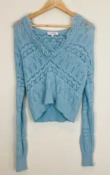 Intermix cashmere wool blend open knit pale blue hooded cardigan sweater. Small