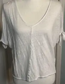 H&M White Short Sleeved Tee, Linen, Tie Sleeves, Small