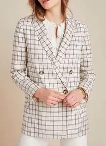 NEW Anthropologie Size Small Tasha Windowpane Double-Breasted Blazer Ivory Black