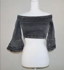 ZARA Black Off The Shoulder Bell Sleeve Crop Top Denim Shirt - Size Small