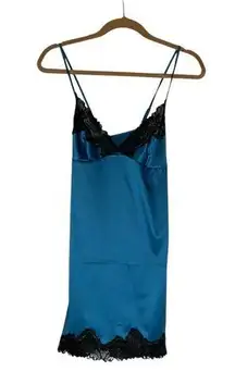 NWT Fredericks of Hollywood Yvette Teal & Black Lace Trim Nightie Slip Dress