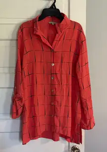 John Mark Coral Plaid Button-Down Shirt with Black Square Design