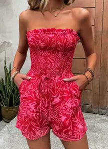 Women's Floral Print Frill Trim Shirred Knot Detail Pocket Sleeveless Romper Sm