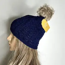 Navy Pointelle Knit Pom Pom Beanie Winter Hat