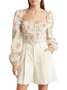 Floral Ruched Long Sleeve Crop Top Square Neck Size L NWT