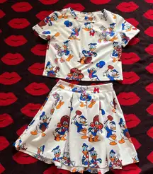 Donald Duck daisy print two piece top skirt set XS-S