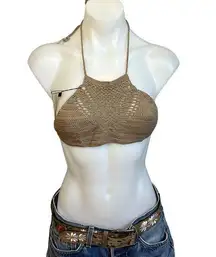 Crochet Halter Top Natural Brown Crop Bralette Surfer One Size String Bikini NEW