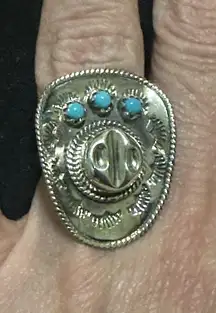 Native American Sterling Silver Navajo Handmade Turquoise Hat Ring Size 7