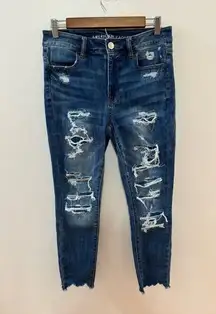 Size 10 Regular American Eagle Dark Blue Distressed Hi-Rise Jegging Crop Jeans