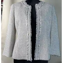 Talbots Blue & Ivory Striped Fringe Trim Blazer Jacket Open Viscose Cotton‎ 4