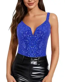 Sparkling Royal Blue Sequin V Neck Spaghetti Strap Bodysuit Women's