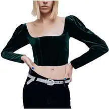 Zara Velvet Corset Top Green Square Neck Long Puff Sleeve Cropped Women M