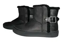 UGG Women's Aika Black Leather Sneaker Boots Size 8 US Shearling Lining Buckle