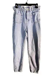 Zara Paper Bag Denim Baggy Pants High Waist Acid Wash Elastic Waist Band