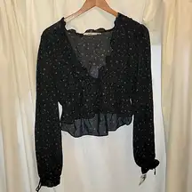 Francesca's Mi Ami Long Sleeve Black Roses Semi Shear Crop Top Size XL