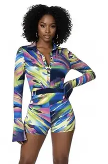 NWT Posh By V Artsy Y2K Abstract Romper Size S Multicolor Going Out Colorful