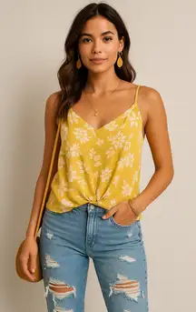 Lush Boho Chic Mustard Yellow Floral Knot Front‎ Cami Tank Top Women's Size L