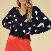 Navy Blue and White Stars Distressed Vneck Wild Honey Sweater