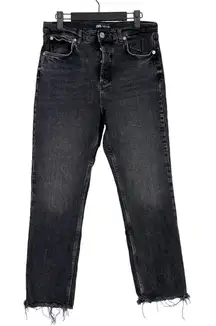 Zara Straight Leg High Rise Crop Raw Hem Button Fly Stretch Jean 8 Black Washed