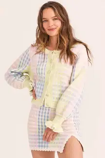 LoveShackFancy Keoni Cardigan & Pawley Skirt Set plaid pink blue yelllow Size L