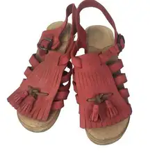 Swedish fringe wooden sandals red size 6 heeled leather