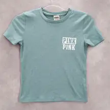 Victoria's Secret Pink Logo Blue Ribbed Short Sleeve Cropped Tshirt Top S Small