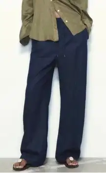 ZARA Dark Blue Linen Blend Casual Wide Leg Drawstring Pants with Pockets Small