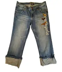 Southpole Jeans WOMEN 13 Y2K Cropped Distressed Camo Patches Blue Cuffed‎ Junior