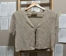 Vintage Cropped V-neck Beige Cardigan with Shoulder Pads