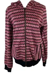 Funky People Pink Berry and Black Chevron Zip Front Sweater Hoodie Size XL