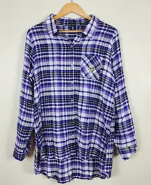 Women's NFL Vikings Flannel Shirt L Purple Gold Plaid Sleepwear Pajama Gameday