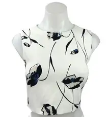 Zara Basic White Floral Print Sleeveless Zip Up Back Boxy Cropped Tank Top Sz XS