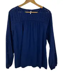 St Johns Bay Eyelet Blouse Size XXL Navy Cotton Boho Neutral Minimalist Peasant