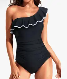 Tempt Me Women’s Black One Piece Swimsuit Tummy Control 1 Shoulder Ruffle M NWT