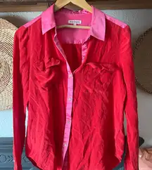 Juicy Couture Women's Red and Pink silk color block Button-down blouse small