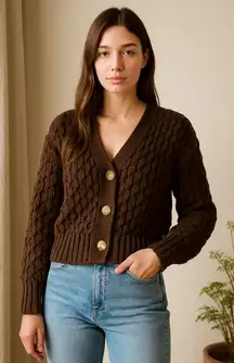 Chunky Knit Brown Button-Up Cardigan Sweater Kendall + Kylie Small Cozy Fall