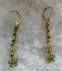 Green & Gold Crystal Floral Flower Dangly Earrings