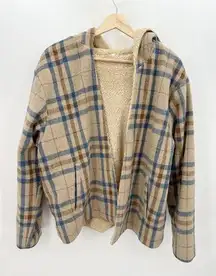 Entro Women Tan Blue Plaid Open Front Fur Lined Shacket Hood Wool Blend Size L