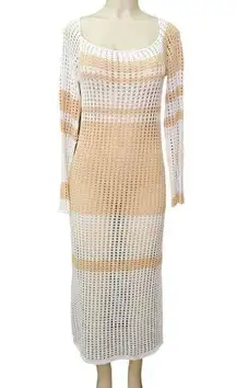 Crochet Open Knit Maxi Dress Swim Cover-up Womens XL Tan Cream White Travel