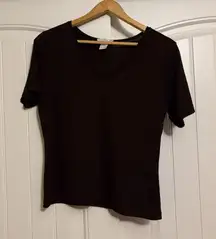 Express Tricot V Neck T Shirt Medium Solid Black Polyester Blend Short Sleeve