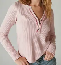 Lucky Brand Light Pink Waffle Knit Cropped Raw Edge Henley Long Sleeve