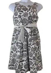 Garnet Hill Dress Size 12 Black White Floral Sleeveless Tie Waist Zip Closure